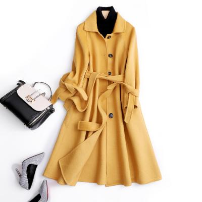 China Breathable New Design Winter Long Yellow Female Trench Coat Women Collar Belt Woolen Coat for sale