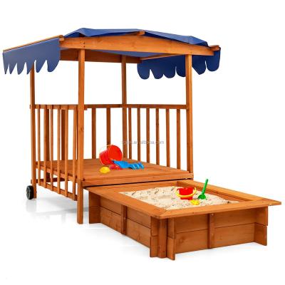 China Wooden Outdoor Wooden Sandbox with Cover for Kids Playhouse Sandbox with Adjustable Canopy, Foldable Benches for Backyard, Lawn, Garden for sale