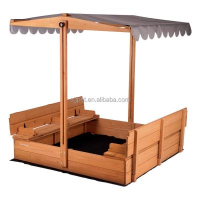 China Wooden Outdoor Wooden Sandbox with Cover for Kids Playhouse Sandbox with Adjustable Canopy, Foldable Benches for Backyard, Lawn, Garden for sale