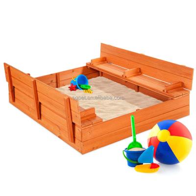 China Wooden Outdoor Wooden Sandbox with Cover for Kids Foldable Benches for Backyard, Lawn, Garden for sale