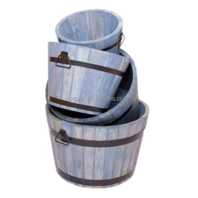 China Country Customize Wholesale Wooden Barrel Planter Box Flower Pot Decoration Wooden Barrel 4 Sets For Home And Garden Wooden Round Pot for sale