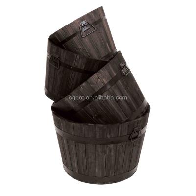 China Country Customize Wholesale 4 Sets Wooden Planter Box Flower Pot Decoration For Home And Garden Wooden Round Pot Wooden Barrel for sale