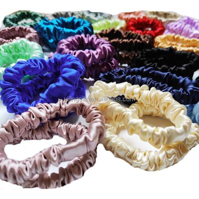 China Luxury Skinny Silk Elastic Scrunchie Hair Band Tying Pure Mulberry Silk Scrunchies Stain Small Silk Scrunchies 19momme 1cm for sale