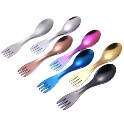 China Eco Friendly 2 Stored In 1 Spork Multifunctional Titanium Spoon Stainless Steel Dessert Metal Fork Spoon for sale