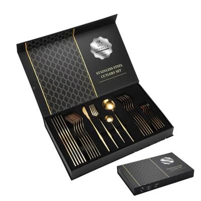 China Viable promotional cutlery gift box 16/24/36 piece gold knife fork and spoon set with gift box wood flatware for sale