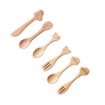 China Cute Little Stocked Ice Cream Spoons And Fruit Forks Natural Wooden Spoons For Kids / Baby for sale