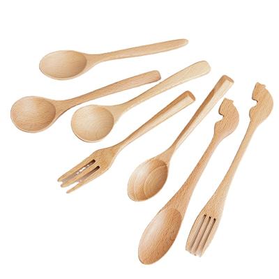 China Stocked Reusable Wooden Cute Flatware Beech Spoon and Fork Flatware Set for Kids for sale