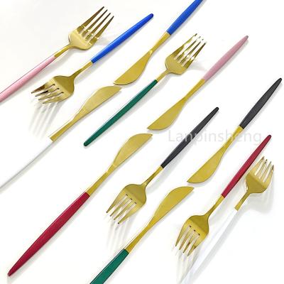 China Viable Classic European Style Gold Cutlery Set With Colorful Handle Stainless Steel Flatware Set For Hotel Restaurant for sale