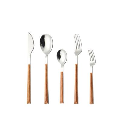 China Home Stocked Wooden Grain ABS Stainless Steel Restaurant Christmas Gift Hotel Handle Plastic Cutlery Set for sale