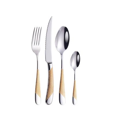 China Stocked Luxury Hotel Stainless Steel Cutlery Set Gold Plated Metallic Silver Flatware Set for sale