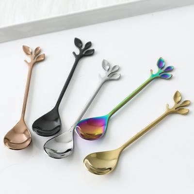 China Hot Sales Creative Stocked Leaf Spoon Color Custom 410 Stainless Steel Dessert Spoon Coffee Small Stirring Spoon for sale