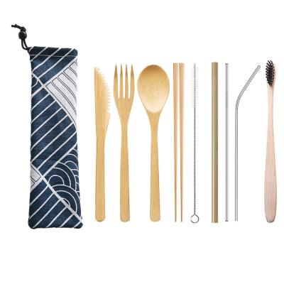 China Eco-Friendly Biodegradable Bamboo Portable Dinnerware Set Knife Spoon Fork and Bag Stocked Straw Dinnerware Sets With Cloth for sale