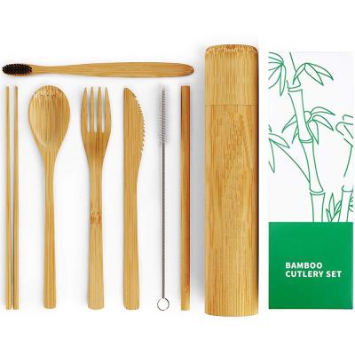 China Reusable Tableware Gift Set Portable Bamboo Tube Knife Fork Spoon Chopsticks Cutlery Gift and Straw Set Set for Travel for sale