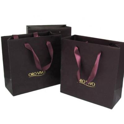 China PomeloHome Custom Biodegradable Black Glossy Handled Art Paper Shopping Bag With Ribbon Handle for sale