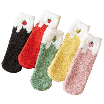 China Viable in stock candy color ladies beautiful winter fruit embroidery custom design socks women warm thick fluzzy socks for sale