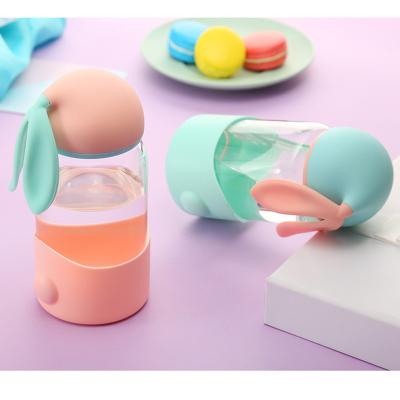 China Cute 300ml Kids Rabbit Milk Vial Pink Glass Cute Water Bottle For Kids for sale