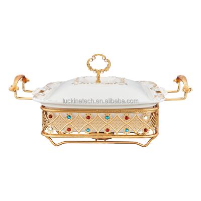 China Multifunctional 1.8L Rectangle Ceramic and Metal Buffet Warmer Dish Food Warmer Buffet Chafing Dish for Wedding and Party for sale