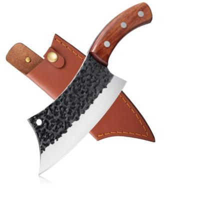 China Viable 6.3 Inch Kitchen Chef Knife Hand Forged Meat Cleaver With Leather Sheath Outdoor Butcher Knife Hammered Chopper Boning Knife for sale