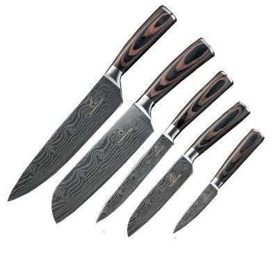 China Sustainable Hot Professional Damascus Style Kitchen Knife Set With Wooden Handle for sale