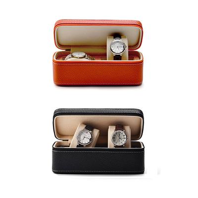 China PU/PVC/genuine leather/Superior velvet orange black watch roll box 2 slots watch travel zipper watch travel box leather for sale