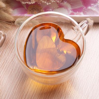 China 180ml 240ml Heart Shape Fancy Juice Stored Clear Double Wall Insulated Cute Glass Cups Love Cups Milk Cup Glass Mug for sale