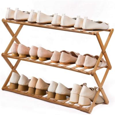 China (Other) Adjustable Foldable Portable No Assembly 3tiers Bamboo Frame Wooden Shoe Racks for sale