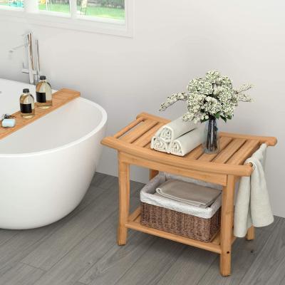 China Eco-Friendly Premium Bamboo Shower Bench With Shelf 2 Tier Bathroom And Shoe Organizer With Storage Shelf for sale