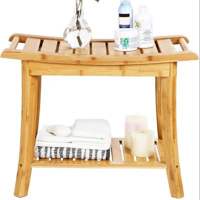 China Eco-Friendly Custom Bathroom Wooden Seat Stool With Storage 2-Tier Shelf Home Bamboo StoolBathroom Stools for sale