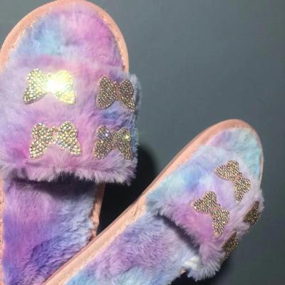 China 2021 New Arrival Ladies Anti-odor Flat Hairy Slippers Glitter Slides With Bowknot For Women Fashion Slippers for sale