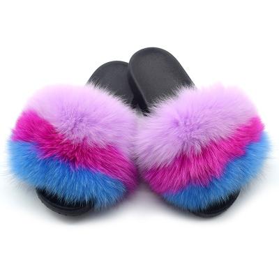 China Disposable High Quality Fluffy Sandals Cheap Faux Flat Fox Fur Slides Slippers For Women for sale