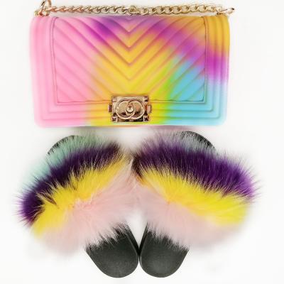 China New Raccoon Fox Fur Slides Anti-Slippery Natural Fur Slippers And Cotton Candy Color PVC Fluffy Jelly Bag Sets for sale