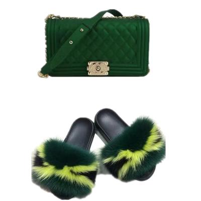 China Wholesale Real Fox Fur Slippers Anti-Slippery Messenger Bags PVC Jelly Handbag Color Matching Slippers And Bags for sale