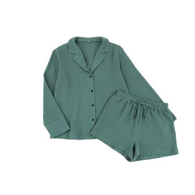 China 2022 Summer Cotton Gauze Comfy Green Ladies Long Sleeve QUICK DRY Shorts Set Pajamas for sale