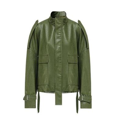 China Custom Made Olive Green Jacket Women Anti-wrinkle Zipper PU Ladies Fashionable Coats And Jacket for sale