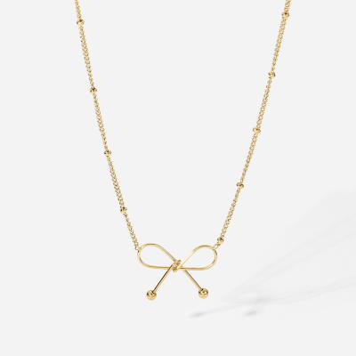 China High Quality NO FADE Simple Cute Fashion 14K Gold Plated Titanium Stainless Steel Bow Tie Knotted Pendant Necklace For Women Girls for sale