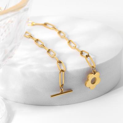 China Cute High Quality Fashion OT Buckle 18K Gold Plated Titanium Stainless Steel Flower Charm Chain Necklace For Women Girls for sale