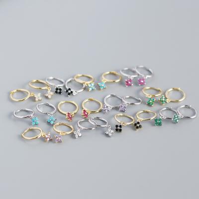 China Hot Creative Fashion Environmental Friendly Simple 925 Sterling Silver Stacked Colorful Zircon Crystal Lucky Clover Hoop Earrings For Women Girls for sale