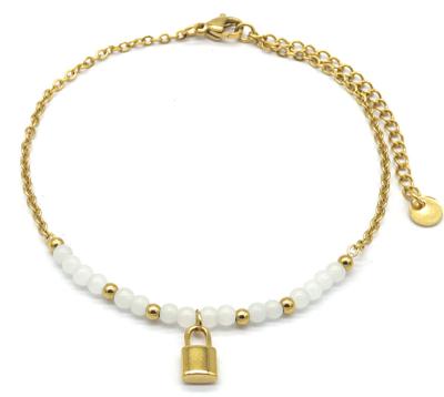 China ANK221-106 fashion halo vacuum iron gold plated pearl freshwater pearl lock charm crystal anklet chain stainless steel for sale