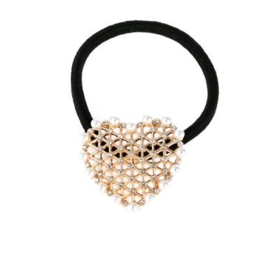 China H41-118 Gold Pearl Heart Ponytail Holder And Rhinestone Cutout Zinc Alloy Korean Style Hair Accessories for sale