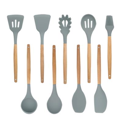 China Sustainable Kitchen Gadgets Silicone Utensils Cooking Sets , 9 Pcs Silicone Utensils With Wooden Handle for sale