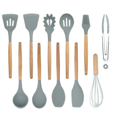 China 2021 Sustainable Upgrades Silicone Cooking Tools Utensil Sets , 11 Pcs Silicone Kitchen Utensils With Wooden Handle for sale