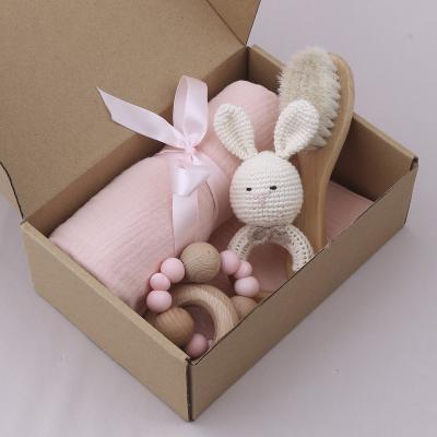 China Soft Toy New Born Baby Gift Bracelet Set Wooden Crochet Rabbit Teether Toy Soft Hair Comb Grasping Holder with Covering Set for sale