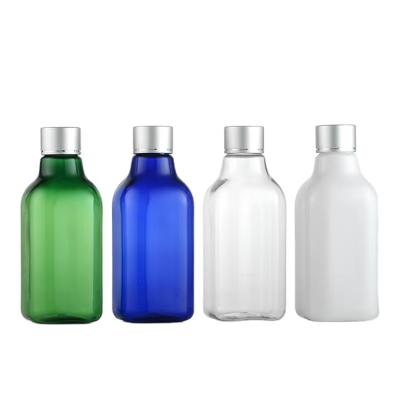 China 200ml Clear Amber Blue Green Cosmetic Empty Square PET Plastic Bottle With Twist Cap for sale