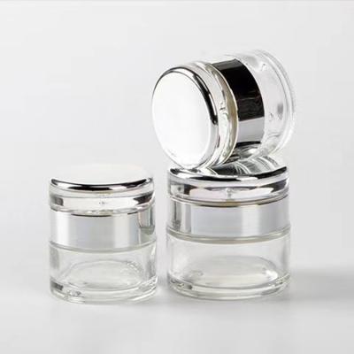 China Fancy Cosmetic Fancy Silver Cap Jar 20g 30g 50g Spray Bottle Gold Glass Cream Clear Pump 30ml 50ml 100ml for sale