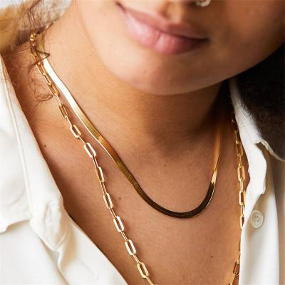 China Hyperbole 14k Gold Plated Stainless Steel Paperclip Chain Necklace 2 Rows Snake Chain Necklace Tasty Jewelry for sale