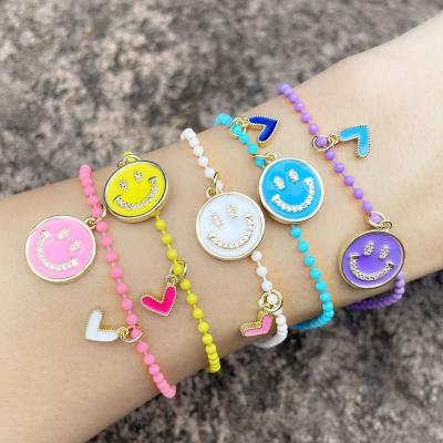 China Lead Free Nickel Free Multi Color Oil Heart Charm Bracelets Women Face Drip Beaded Smile Bracelets Small With Zircon for sale