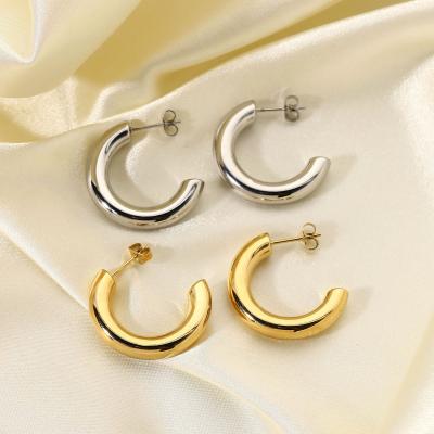 China TRENDY Minimalist 14K Gold Plated Stainless Steel Jewelry Hoop Earrings For Women C Shape Hoop Earrings for sale