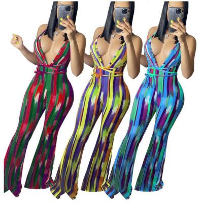 China Thin Spandex/Polyester Stripe Printed One Piece Deep V Bandage Bib Overalls Backless Playsuits for sale