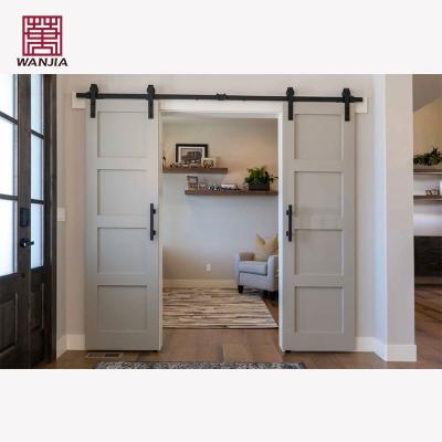 China Sound Insulation WANJIA Customized Sliding Double Glass Solid Wood Barn Doors OEM ODM Modern Wooden Barn Doors for sale