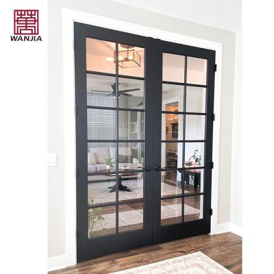 China Sound Insulation WANJIA Customized Interior Double Wooden Door OEM ODM Divided Lite Glass Solid Wood Door for sale